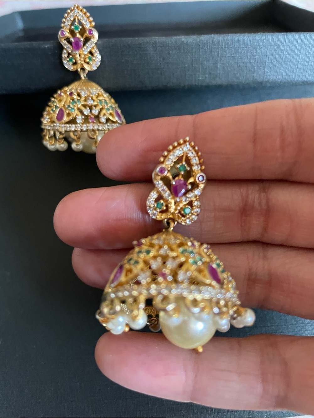 Gold-Tone Jhumka Earrings with Green & Pink Accents